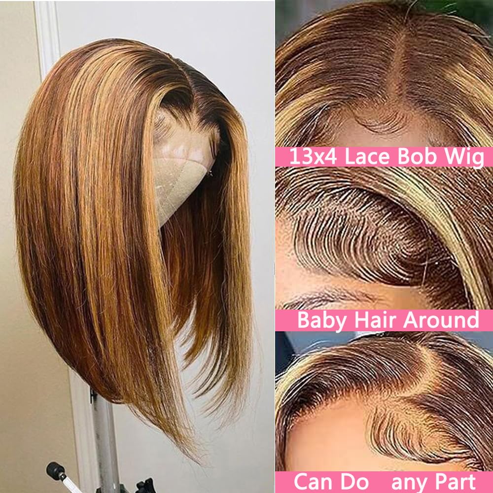 14 Inch Brazilian Straight Hair P4/27 13x4 Lace Front Bob Wig Human Hair 13x4 HD Transparent Lace Frontal Wigs Human Hair 180% Density Highlight Ombre Bob Wigs for Women Glueless Pre Plucked Wig.