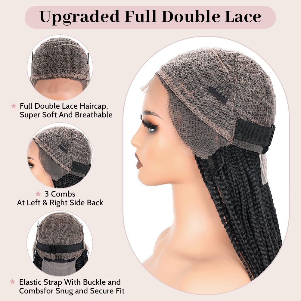 Suntefic Box Braided Wigs for Black Women Glueless Box Braids Wig with Baby Hair Double Full Lace Front Braid Wig Human Hair Blended Braided Wigs (Box Braid（Black）