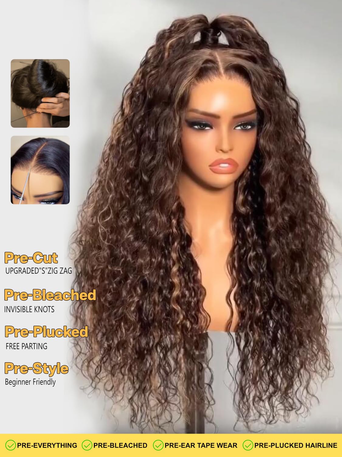 Sunber Ombre Brown Highlights Honey Blonde Water Wave Human Hair Glueless Wig Bye Bye Knots Pre Everything 7x5 Lace Front Pre Cut Lace Pre Plucked Pre Bleached Knots 150% Density 3S Pull Go 24Inch