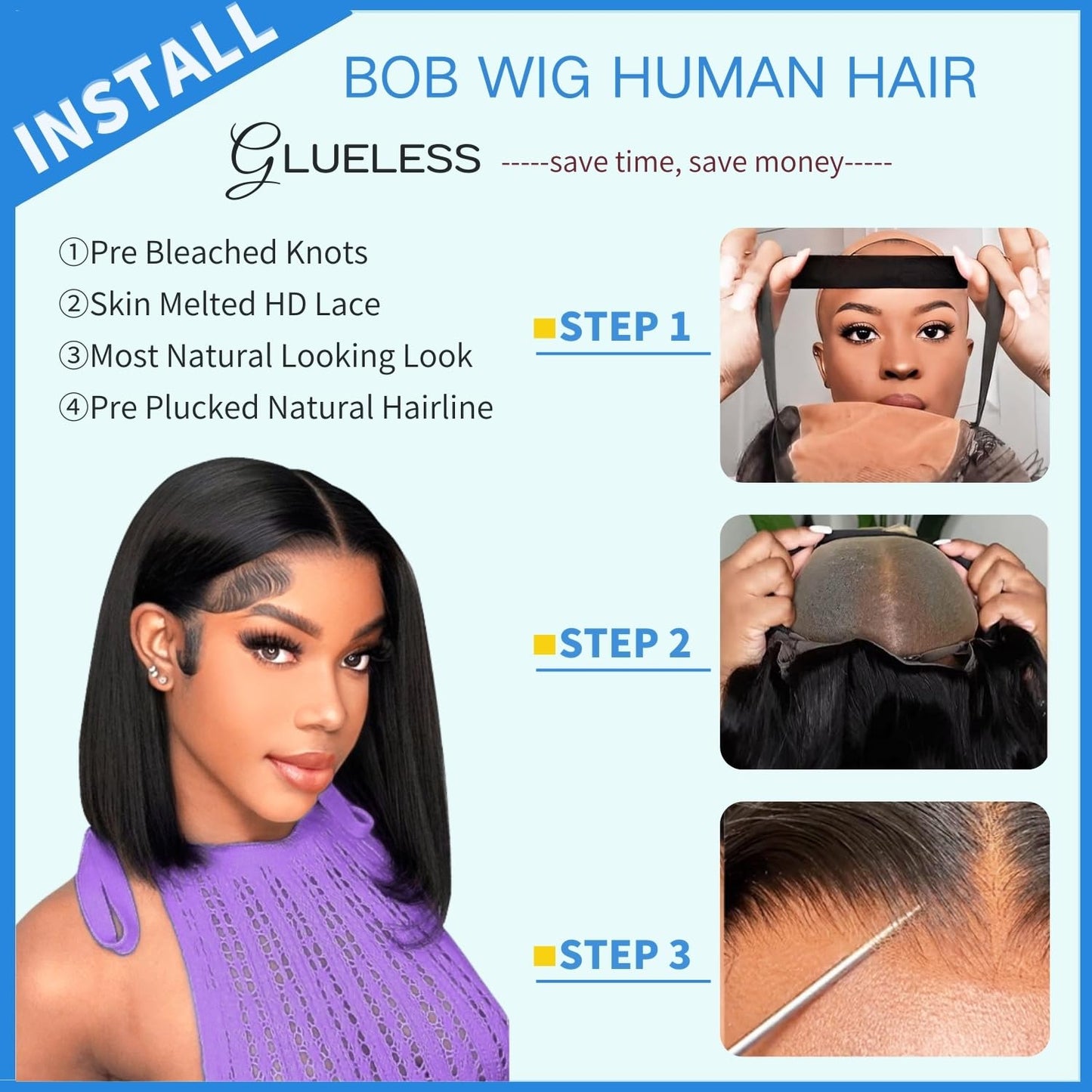 YFOXI Wear and Go Glueless Wigs Human Hair Pre Cut Bob Wig Human Hair Glueless Lace Front Wigs Pre Plucked 4x4 HD Lace Closure Wigs For Black Women With Natural Hairline(8 Inch)