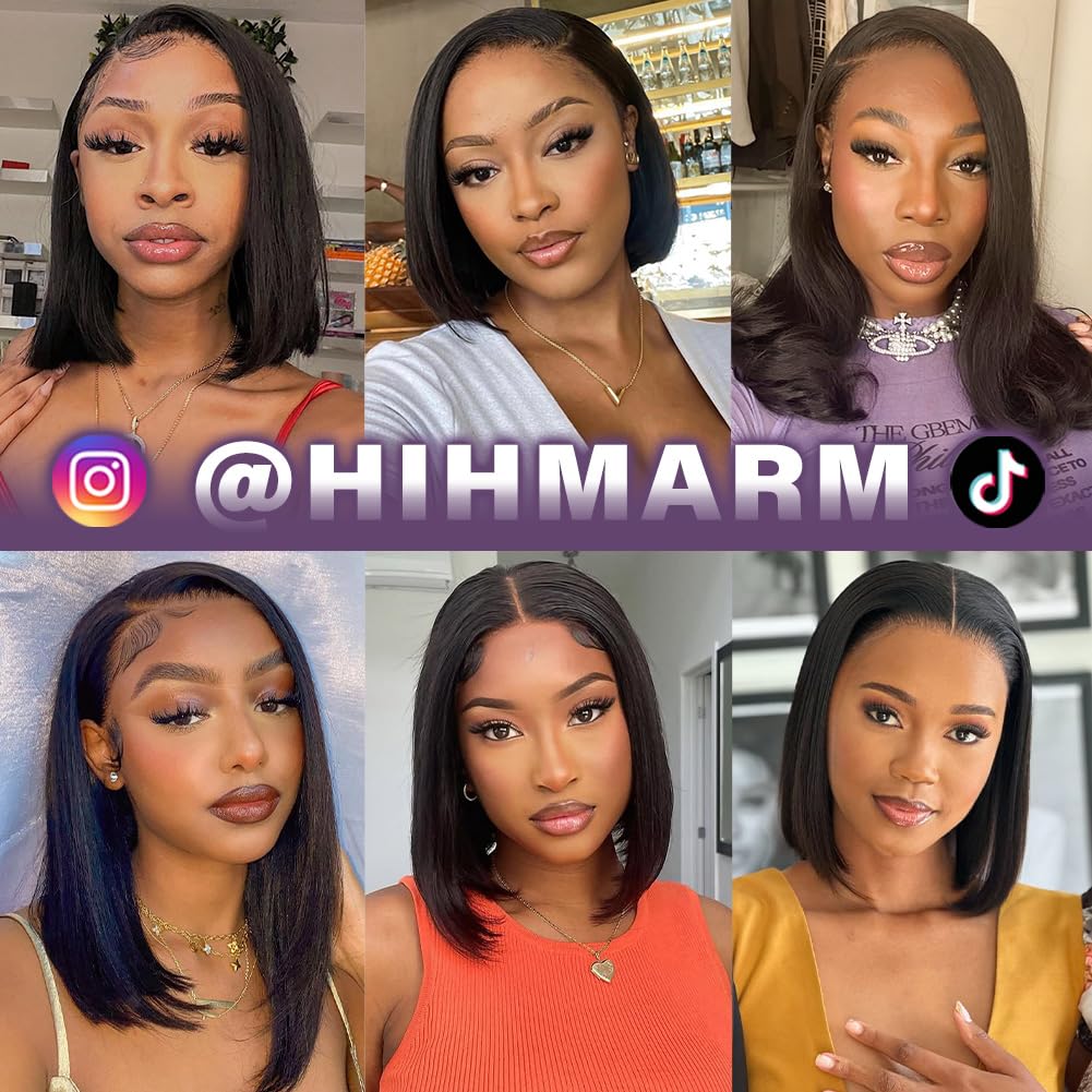 Hihmarm Bob Wig Human Hair 13X6 HD Lace Front Wigs Human Hair Pre Plucked Short Bob Wigs For Black Women Frontal Wigs Wear And Go Straight Glueless Wig 180% Density Natural Color 12 Inch