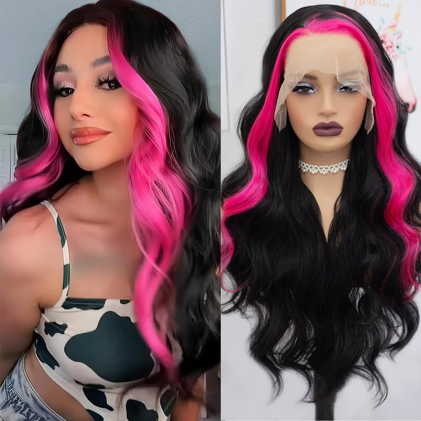 Fugady Black With Pink Highlight Body Wave Glueless Wig 13x4 Highlighted Heat Resistant Synthetic Lace Front Wig Pre Plucked 200 Density Loose Wave Wig With Baby Hair Colorful Wigs For Women 26 inch