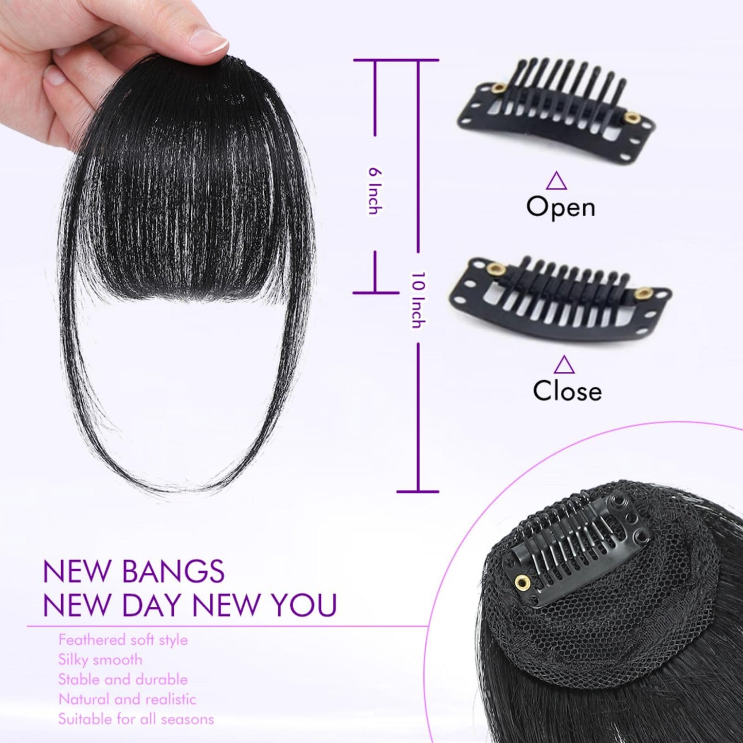 ELEFOCUS Clip in Bangs 100% Real Human Hair Extensions Wispy Natural Black Fake Bangs Hair Clip on bangs for women Fringe with Temples Hairpieces Faux Bangs for Daily Wear