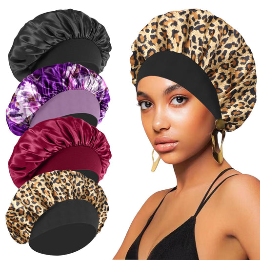 4PCS Silk Hair Bonnet for Sleeping,Hair Wrap Satin Bonnets Shower Cap for Black Women Men, Elastic Wide Band Hair Bonnet Cap for Sleeping Curly Hair(Black & Wine Red & Purple Print & Leopard Pattern)