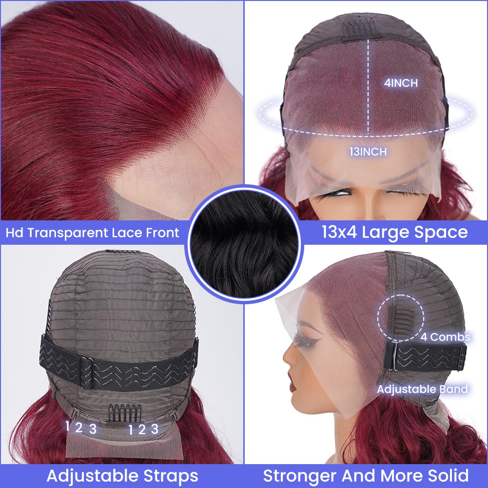 FASCARA 99J Burgundy Body Wave Wig 13x4 HD Transparent Lace Front Wigs Human Hair Pre Plucked 180% Density Glueless Wigs Human Hair with Baby Hair for Women 14 Inch