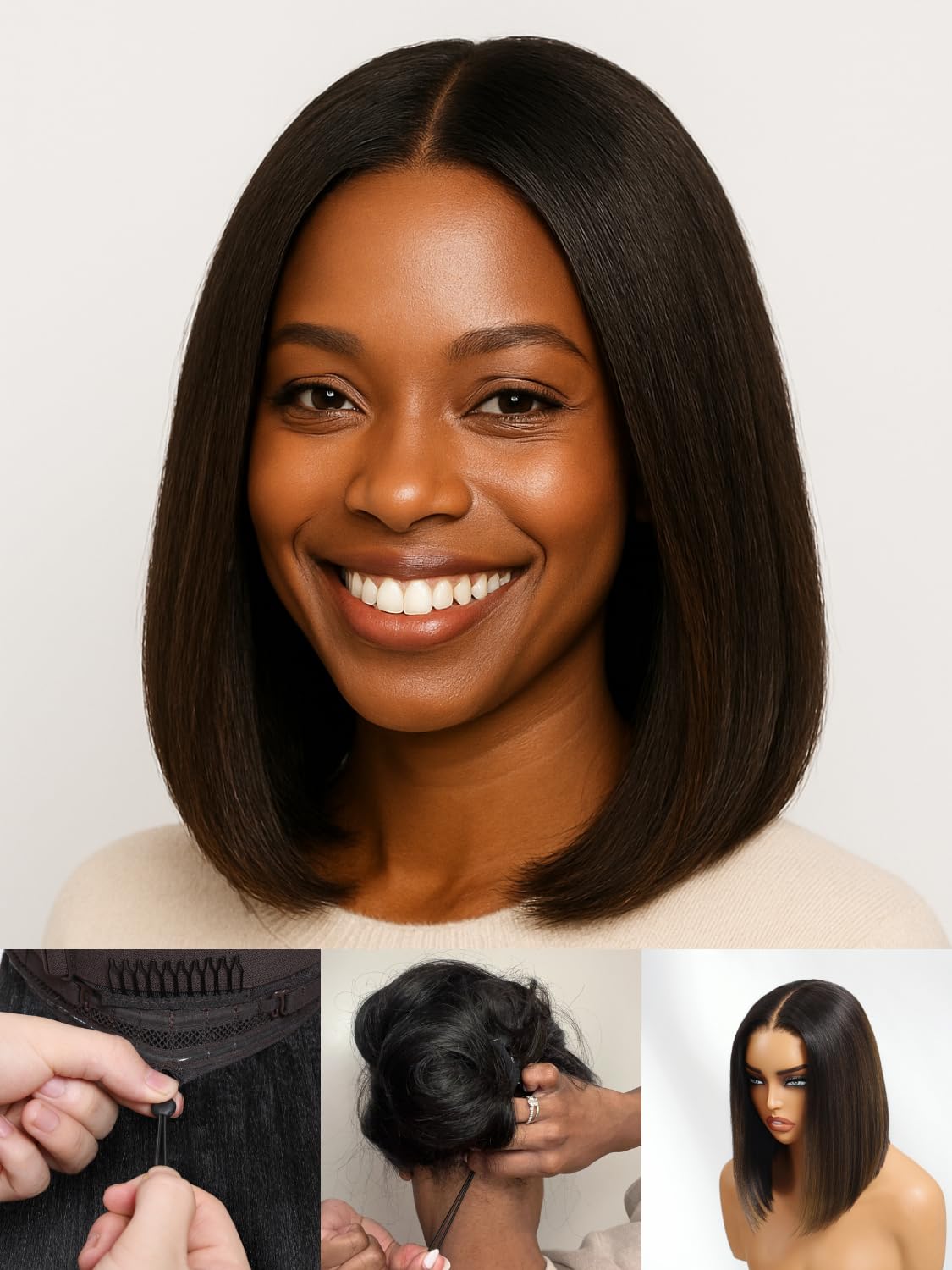 Nadula Balayage Ombre Brown Yaki Straight Bob Drawstring Wig Human Hair Pre Plucked,Pre Cut Glueless 7x5 HD Bye Bye Knots Ready to Wear Short Yaki Bob Wig with Chestnut Brown Highlight 14inch