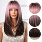 Tumhorn Long Ombre Brown and Pink Wigs for Women Straight Synthetic Wig with Bangs Brown Highlight Hair Replacement Wigs