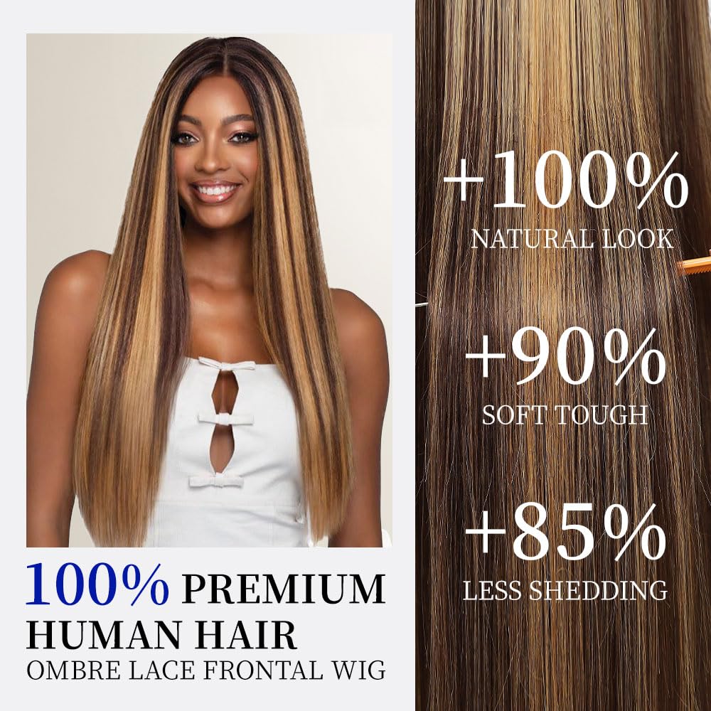 WOOMN 13x6 Lace Front Wigs Human Hair Highlight Ombre HD Lace Frontal Wig Pre Plucked Tangle-Free 200 Density Brown 4/27 Colored Real Virgin Human hair Wig Can Last 6-9 Months 28 Inch