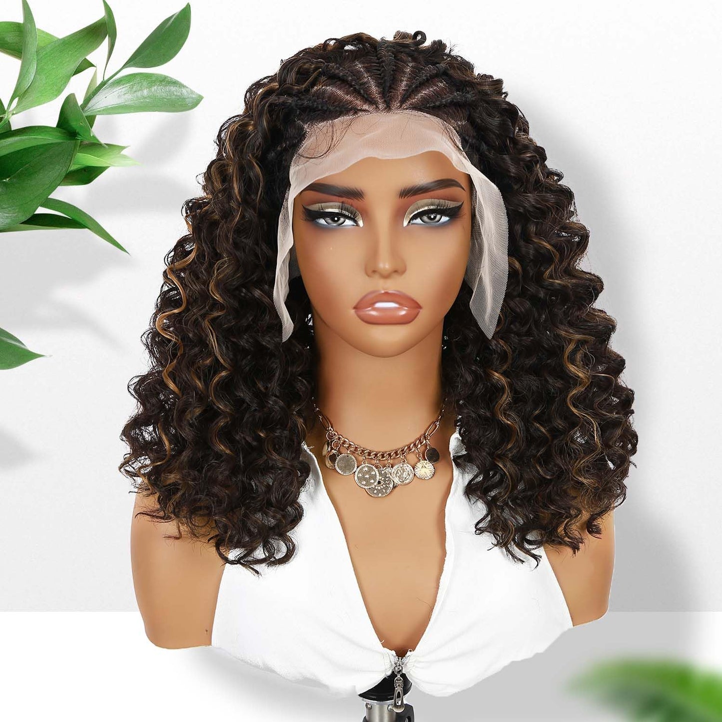 Fancy Hair Cornrow with Curly Hair Wig HD Lace Front Braided Wig with Baby Hair Pre Plucked Glueless Transparent 13x4 Inch Lace Frontal Wig for Black Women (2#/27#)