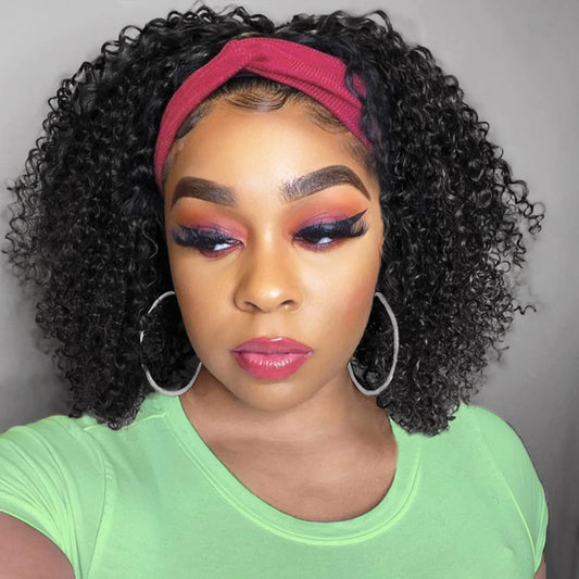 Aisaide Kinky Curly Headband Wig 14 Inch Headband Wigs for Black Women None Lace Front Curly Wave Half Hair Wig Wear and Go Glueless Wig