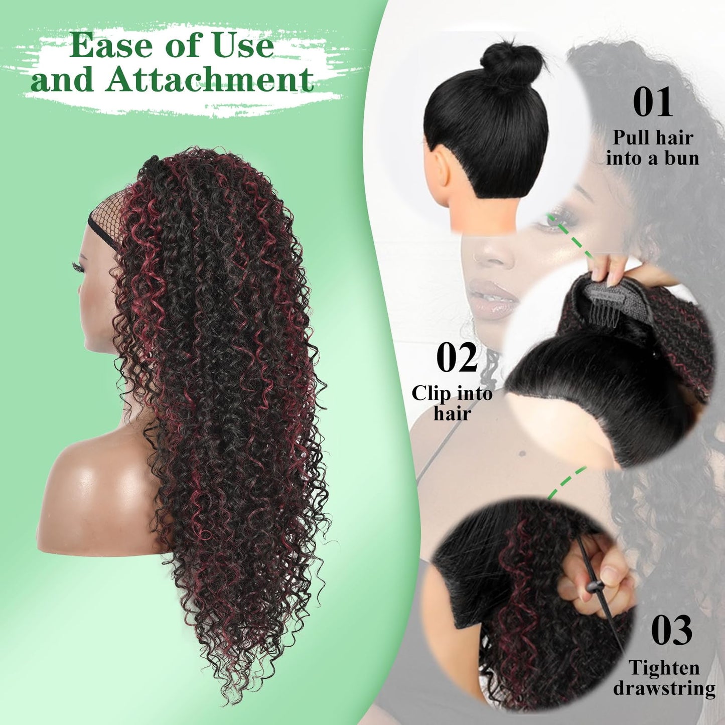 Youthfee Drawstring Ponytail for Women Deep Curly Ponytail Extension Synthetic Mixed with Human Hair Ponytails Cherry Red Highlights Afro Kinky Curly Pony for Daily wear,27 Inches
