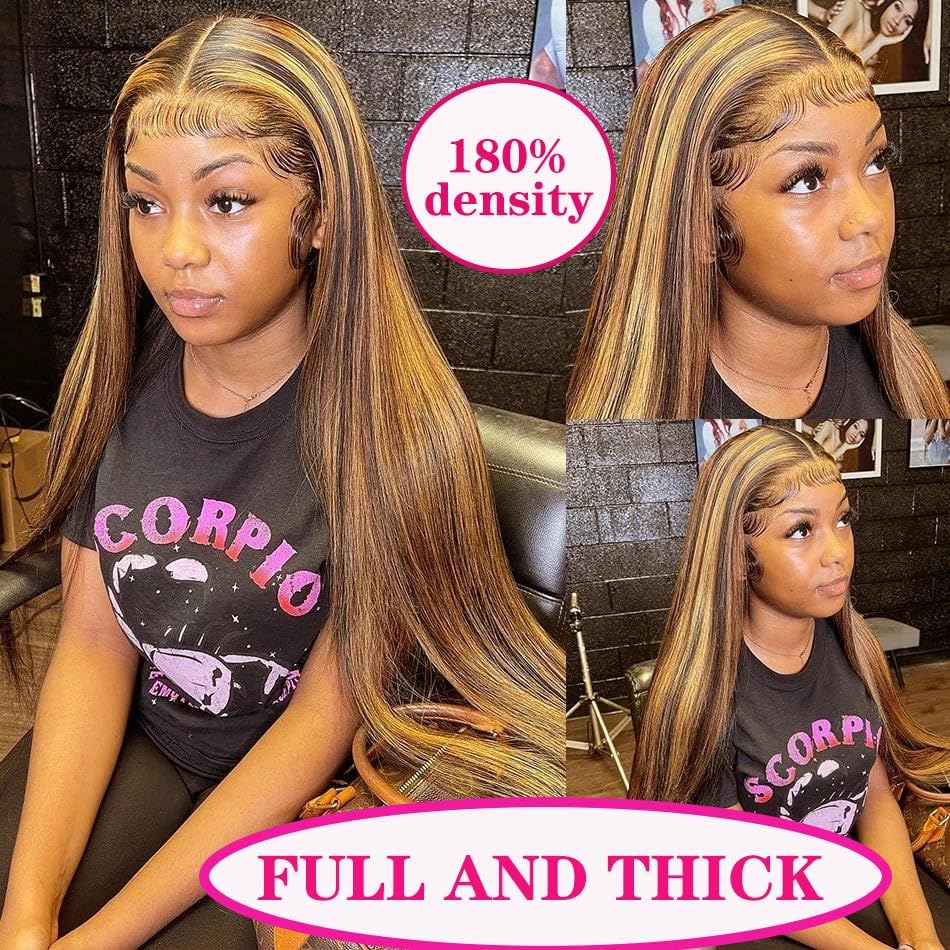 Cypha Ombre Lace Front Wig Human Hair Highlight 13x6 HD Straight Lace Front Wigs 180% Density 4/27 Colored Honey Blonde HD Lace Frontal Wigs For Women Glueless Pre Plucked with Baby Hair 20inch