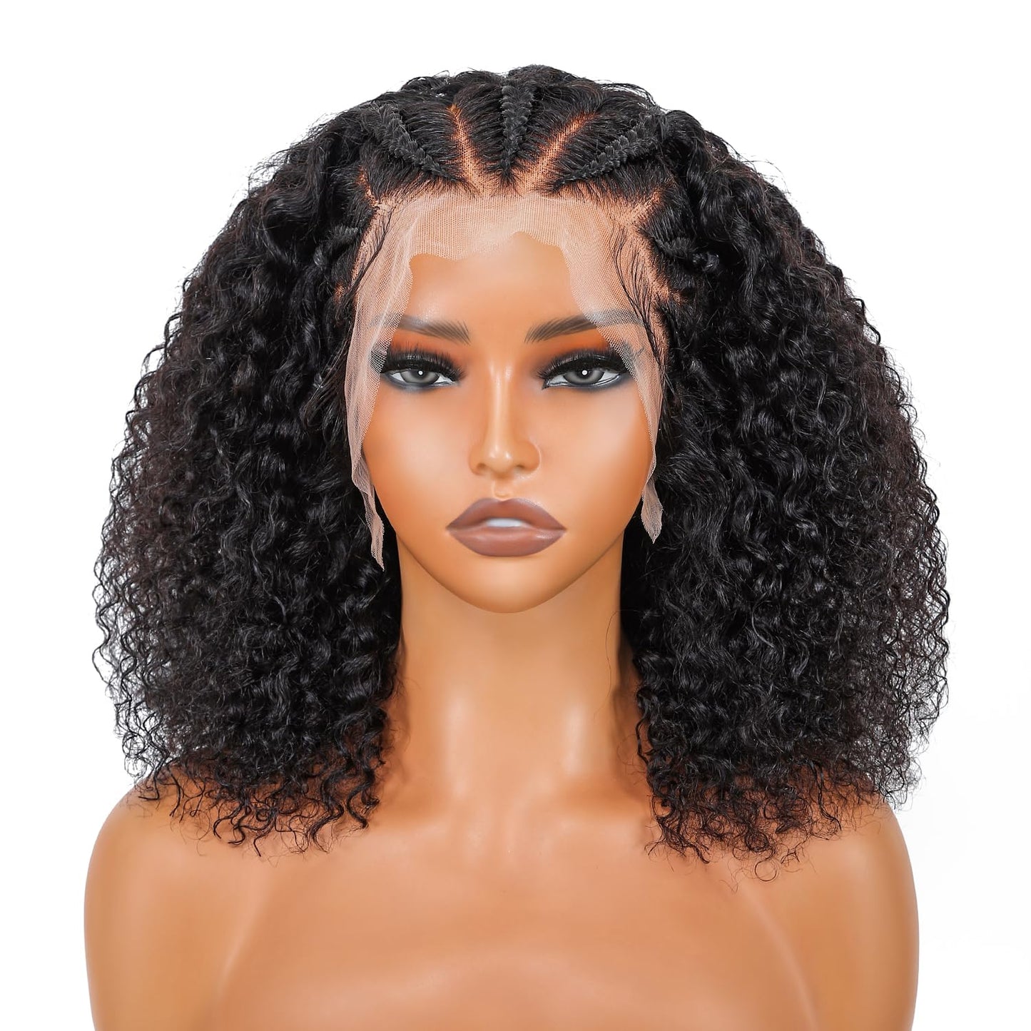 SUPERNOVA Curly Human Hair Wig 13x4 Lace Front Wigs Human Hair Half-Cornrows Half-Deep Curly Wig Pre Plucked Pre Styled Braid Wigs For Black Women 200 Density 16 Inch