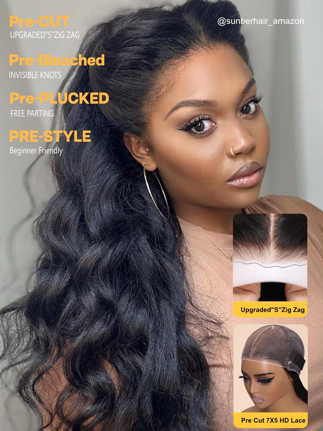 Sunber Bye Bye Knots 7x5 Lace Front Glueless 4C Egde Yaki Straight Human Hair Wigs Pre Plucked Invisible Knots Pre Everything 3S Ready to Wear Yaki Straight Human Hair Wig 24Inch