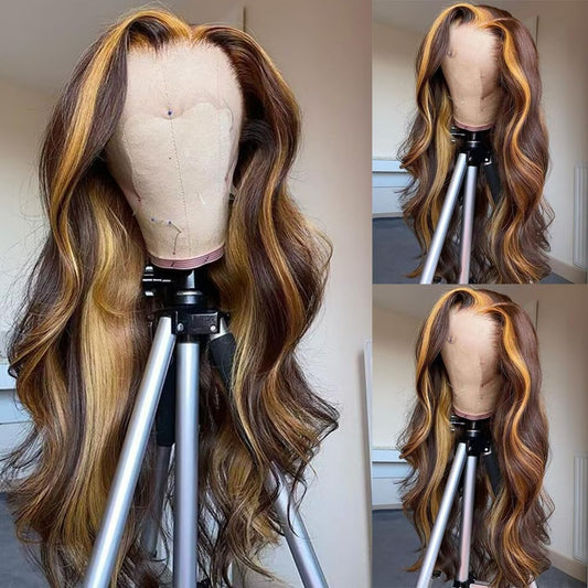 SISIFIRE Blonde Highlight Lace Front Wigs for Women Pre-plucked Hairline Glueless 13X4 Inch Synthetic Lace Front Wig with Baby Hair Long Loose Body Wave Wigs for Daily Party Wig