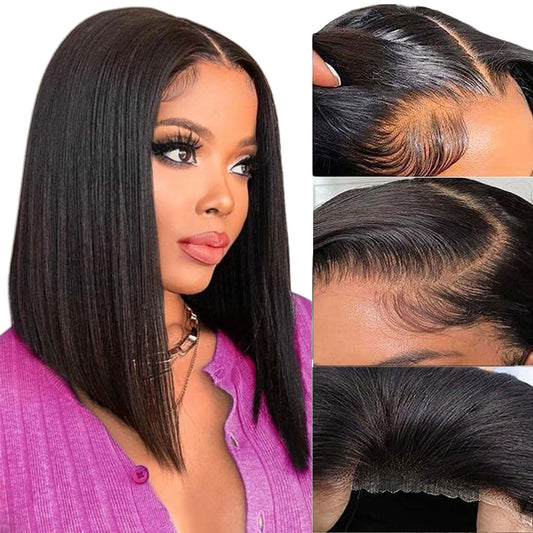 Wear and Go Glueless Bob Wig Human Hair Pre Plucked Pre Cut 4x4 HD Lace Closure Bob Wigs For Black Women Human Hair Glueless Straight Short Bob Wigs Human Hair For Beginners 150% Density (16 Inch）