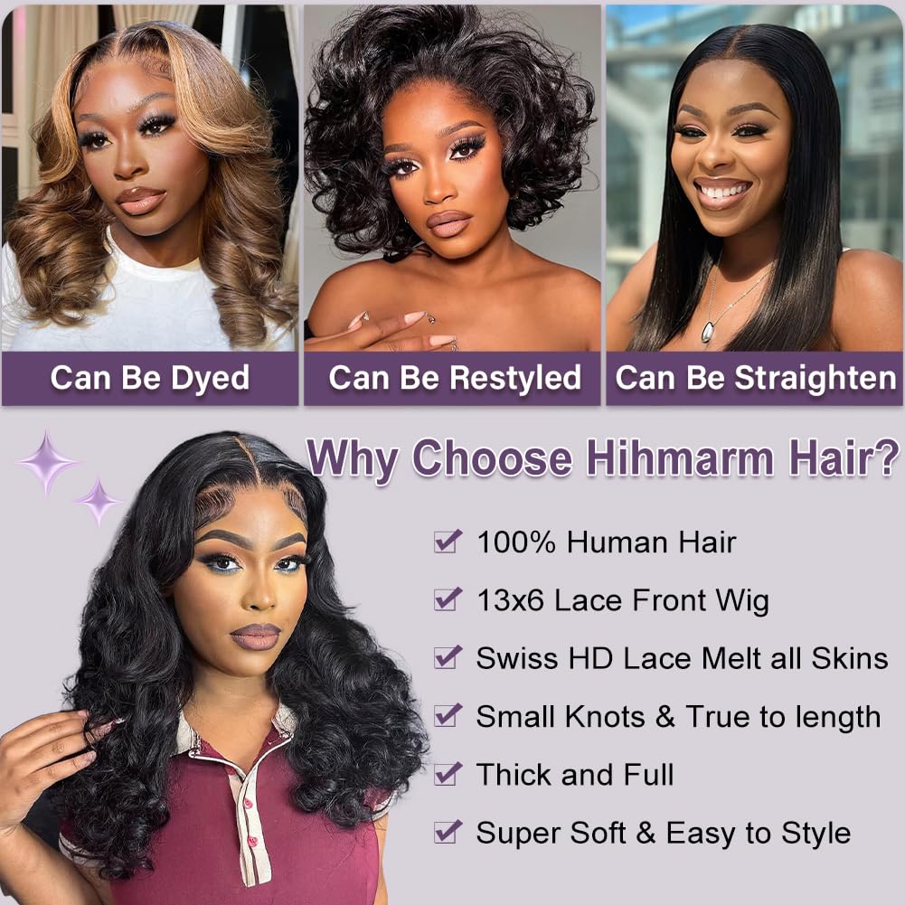 Hihmarm Body Wave Bob Wig Human Hair 13x6 HD Lace Front Wigs Human Hair Pre Plucked Glueless Frontal Wig Wear and Go Short Bob Wigs for Black Women 180 Density Natural Black 16 Inch