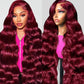 QZOQZO 99J Burgundy Lace Front Wigs Human Hair 13x6 HD Transparent Body Wave Lace Front Wigs Pre Plucked 99j Burgundy Red Wine Glueless Human Hair Wigs for Women Reddish Brown 180% Density 34 Inch
