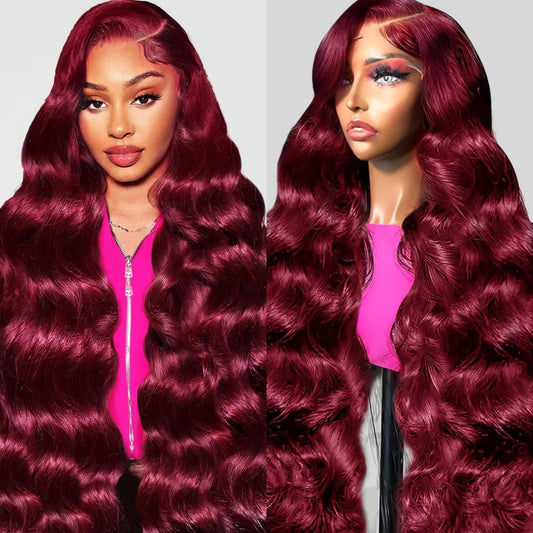 QZOQZO 99J Burgundy Lace Front Wigs Human Hair 13x6 HD Transparent Body Wave Lace Front Wigs Pre Plucked 99j Burgundy Red Wine Glueless Human Hair Wigs for Women Reddish Brown 180% Density 34 Inch