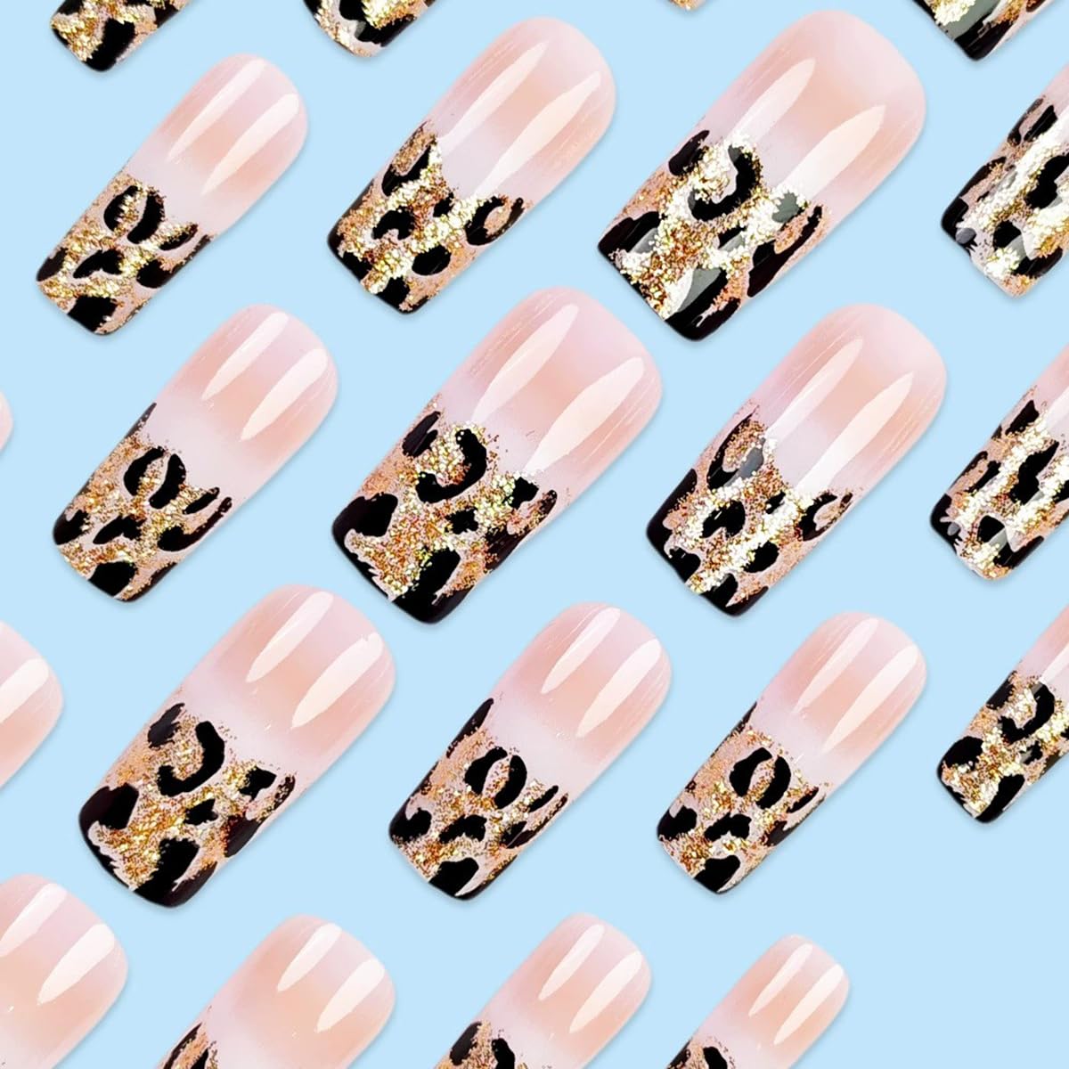 Long Coffin Press on Nails French Fake Nails Glossy Acrylic Press On Nails with Glitter Leopard Print Designs French Style Gradient Acrylic Full Cover Glue on Nails Long False Nails for Women 24PCS