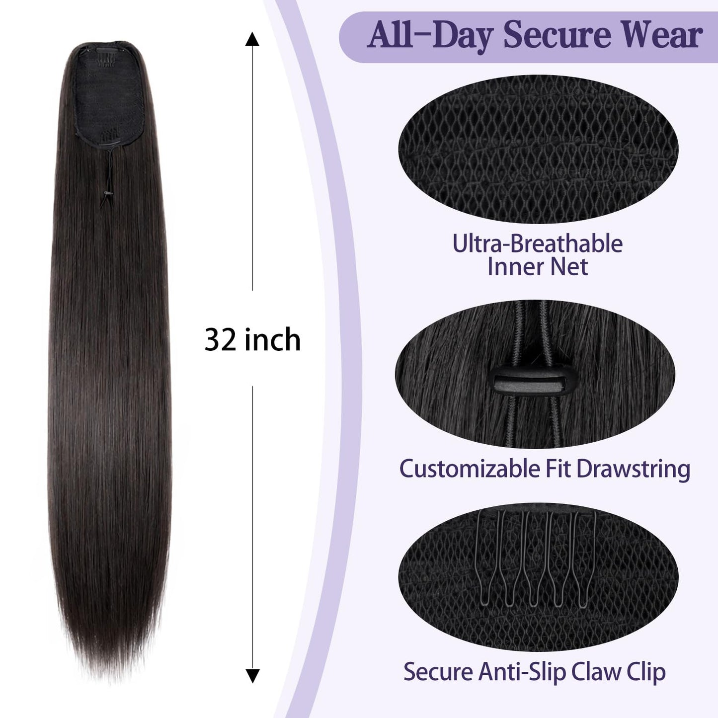 ORSUNCER Drawstring Ponytail Extension, Long Straight Pony Tails Hair Extensions Natural Soft Clip in Ponytail for Women Synthetic Hairpieces Black Brown