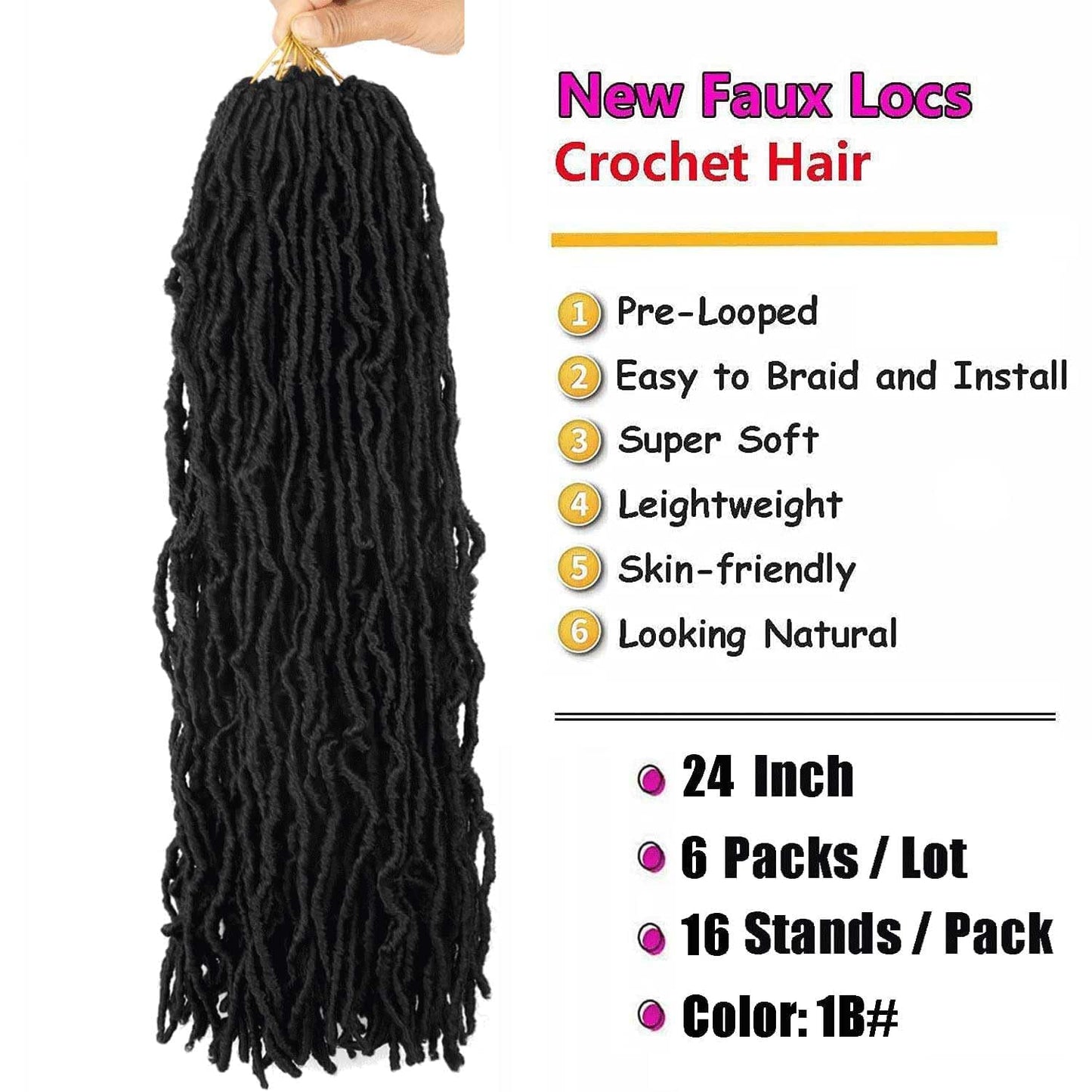 6 Packs Soft Locs Crochet Hair Pre Looped Faux Locs Crochet Braids Goddess Locs Dreadlocs Synthetic Hair For Black Women (1B, 24 Inch (Pack of 6))