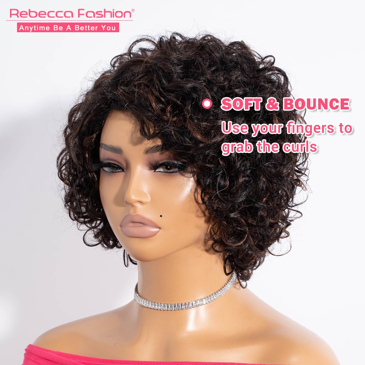Rebecca Fashion Short Curly Human Hair Wigs for Black Women Side Part Cute Curly Bob Wig Brazilian Remy Non Lace Glueless Wigs Natural Looking Highlight Brown Black Mix Brown Color