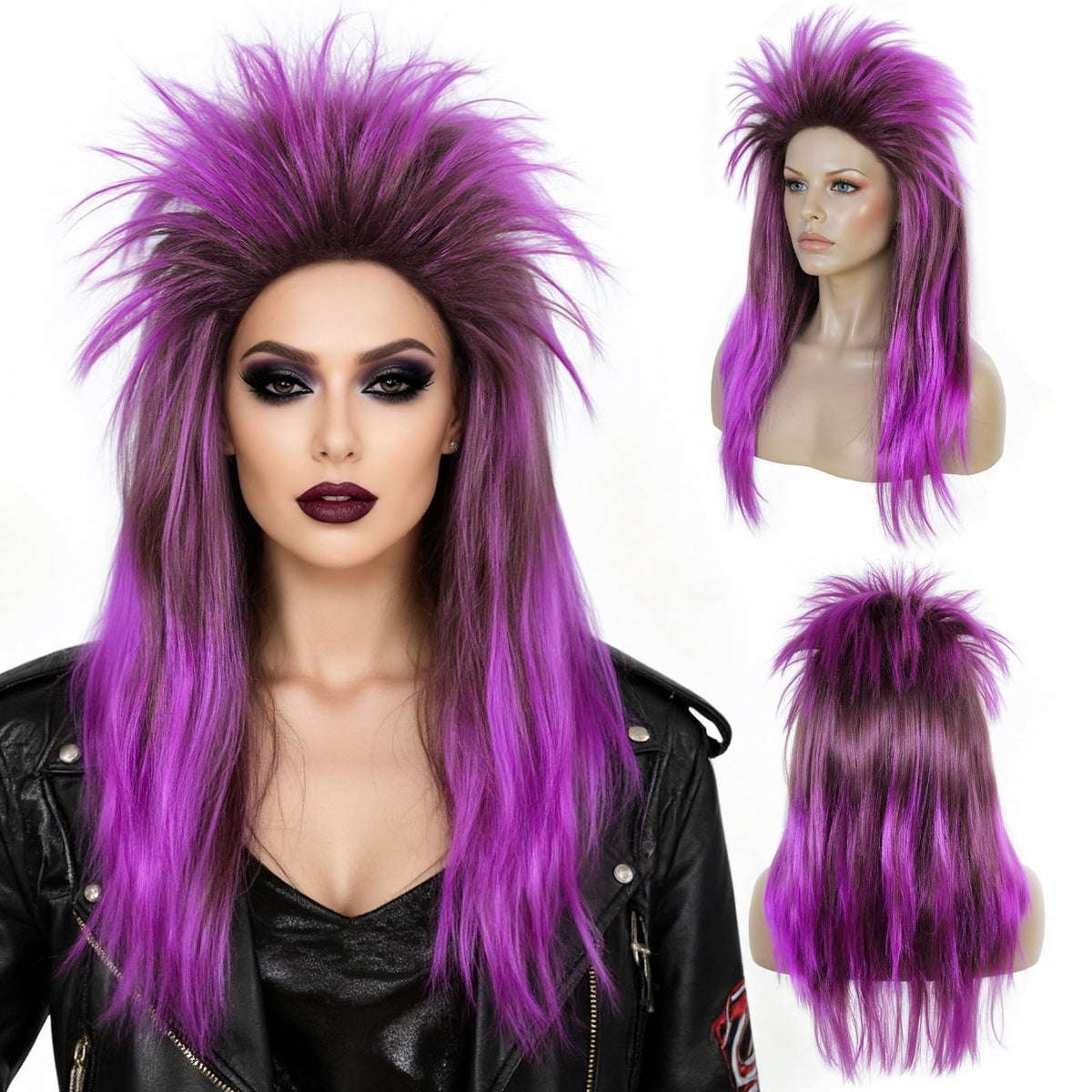BESTBEL 80s Rocker Punk wig Ombre Purple Wig Rocking Diva Wigs Gothic Hair