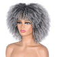 ANNISOUL 10Inch Short Curly Afro Wigs for Black Women Bomb Afro Kinky Curly Wig with Bangs Synthetic Fiber Full Wig(Ombre Grey)
