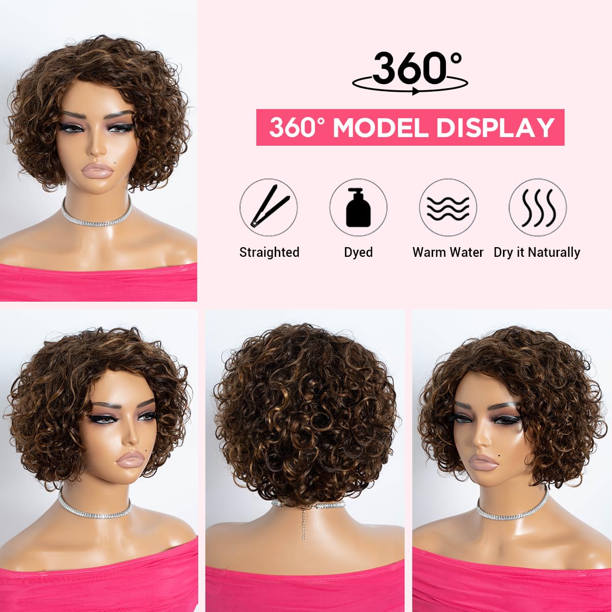 Rebecca Fashion Short Curly Human Hair Wigs for Black Women Side Part Cute Curly Bob Wig Brazilian Remy Non Lace Glueless Wigs Natural Looking Highlight Brown Blonde Color