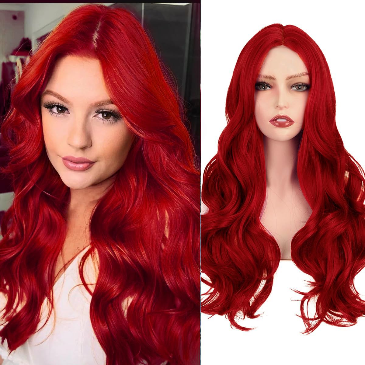 Sabosi Red Wig for Women Long Wavy Wigs Middle Part Wavy Wig Natural Looking Synthetic Heat Resistant Fiber Wig for Daily Party Use
