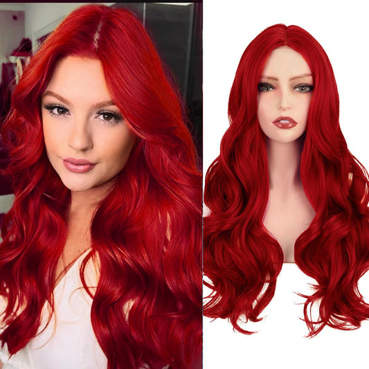 Sabosi Red Wig for Women Long Wavy Wigs Middle Part Wavy Wig Natural Looking Synthetic Heat Resistant Fiber Wig for Daily Party Use