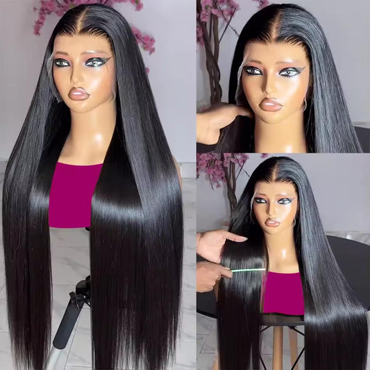 VIPPRETTY Synthetic Lace Front Wig, 13x6 Lace Frontal Wigs Human Hair Touch Pre-Plucked Long Straight Glueless 1B Black Wig 30 inch Vogue Highlight Technology-Premium Fiber & Human Hair Blended