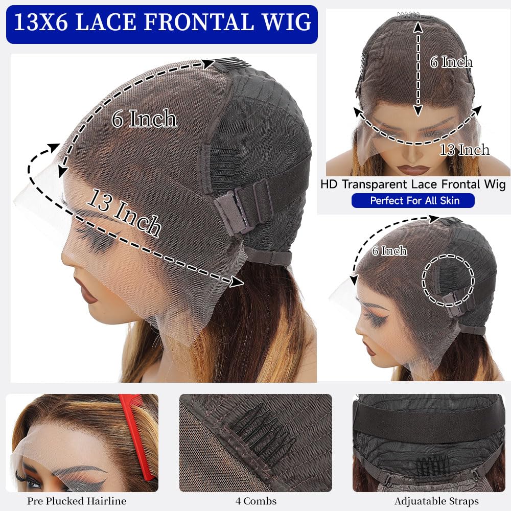 WOOMN 32 Inch Ombre Lace Front Wig Human Hair 13x6 HD Lace Frontal Straight Wigs Human Hair Pre Plucked 200 Density 4/27 Brown Highlight Wigs Colored Longer Life No Tangle No Shedding