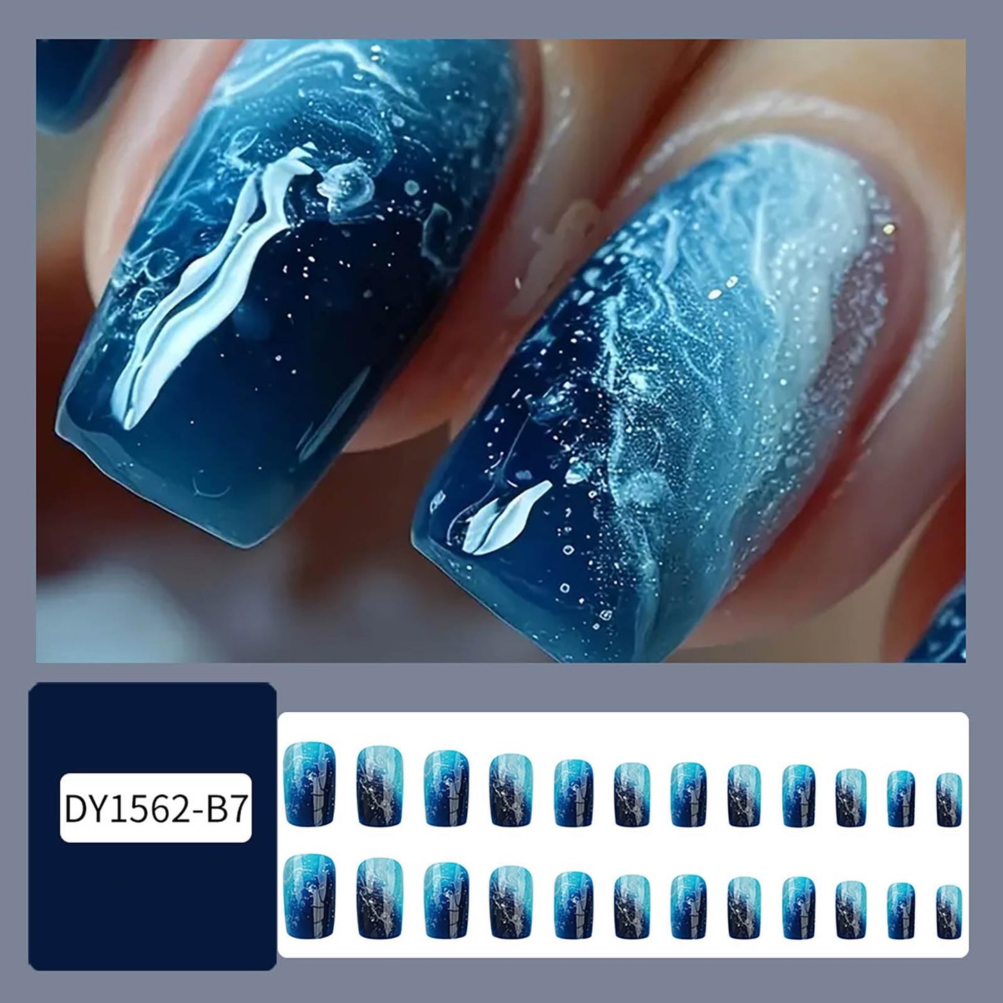 RTKHFZE Press on Nails Medium,Blue Press on False Nails,Square Fake Nails, Medium Nails Press Ons,with Designs Acrylic Nail,Full Cover Glue on Nail for Women Manicure
