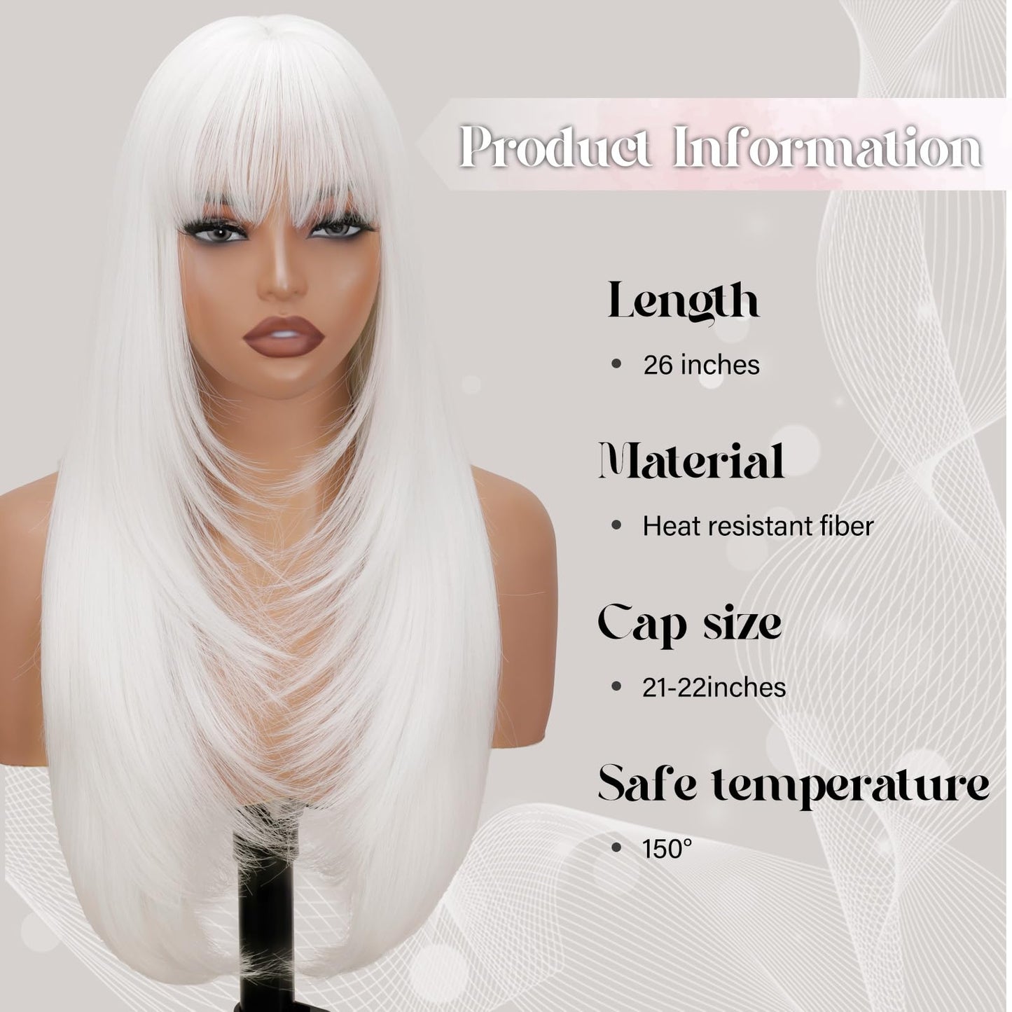 NOVFLKW White Long Straight Layered Wig with Bangs for Women 26 inch Put on Go Realistic Synthetic Fiber Heat Resistant Natural Wig for Girls Party Cosplay and Daily Use