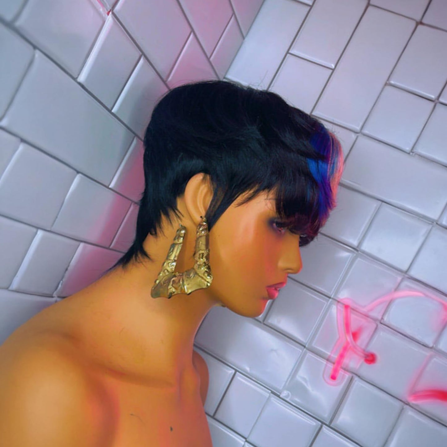 QiaQiaRing Pixie Cut Wigs For Black Women Short Layered Pixie Wigs with Bangs Chic Elegent 1b/613/blue Color Glueless Brazilian Virgin Straight Wigs (1B/613/BLUE)