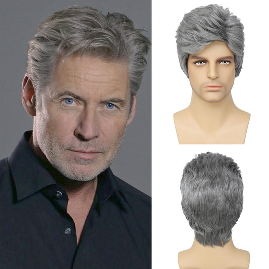 Grey Men's Wig,Short Silver Gray Wig Synthetic Side Part Heat Resistant Natural Halloween Cosplay Hair Straight Wig for Male