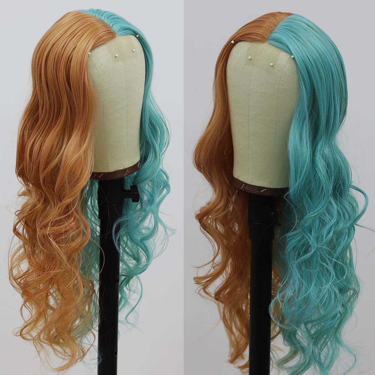 SISIFIRE Synthetic Wavy Wig Ombre Half Blue Small Lace Front Wig Heat Resistant Fiber Wigs for Cosplay Halloween Christmas Wigs