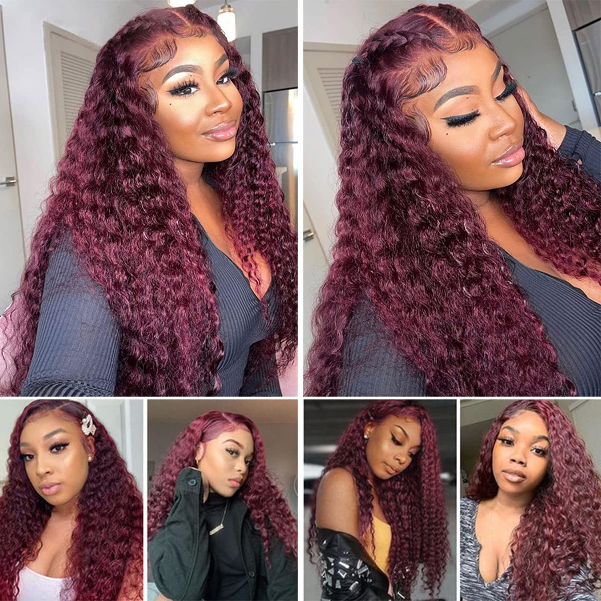 BOSDIOS 99J Burgundy Lace Front Wigs Human Hair 13x6 Deep Wave Lace Frontal Wig Human Hair for Black Women Red Water Curly Wave Wigs 180% Density Glueless Pre Plucked with Baby Hair(24inch)