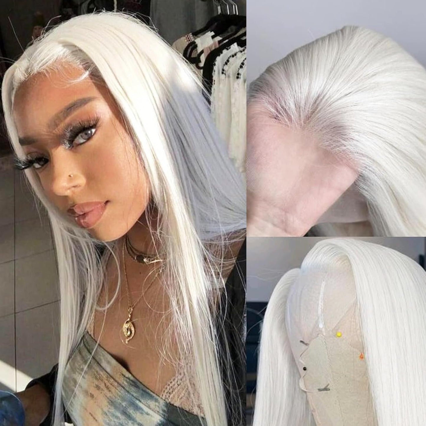 Fugady 13x4 Glueless White Wig Straight Synthetic Lace Front Wig Pre Plucked 250 Density Hd Lace Wig With Baby Hair Heat Resistant Wigs For Women 26 inch Grey Silver Platinum Blonde Wig