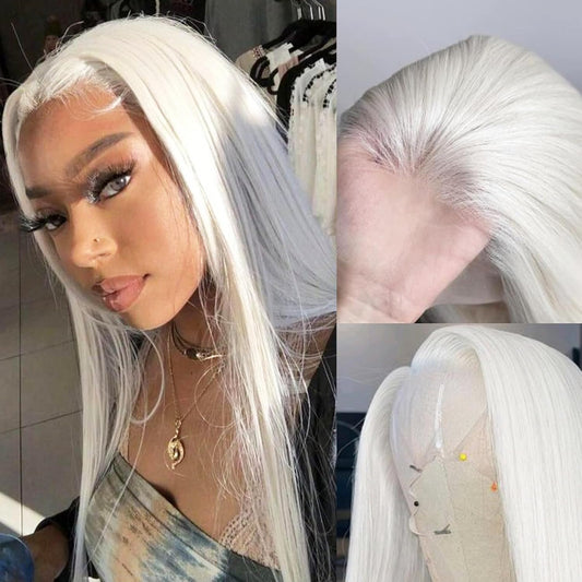 Fugady 13x4 Glueless White Wig Straight Synthetic Lace Front Wig Pre Plucked 250 Density Hd Lace Wig With Baby Hair Heat Resistant Wigs For Women 26 inch Grey Silver Platinum Blonde Wig