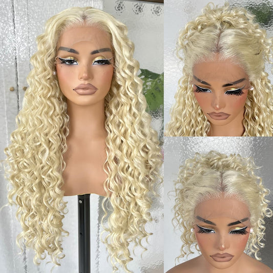 26Inch 613 Blonde Deep Curly Lace Front Wig for Black Women, 13x6 HD Glueless Curly Lace Front Wigs Pre-Plucked, 200 Density Similar Human Hair Synthetic Lace Frontal Wig, 26 inch #613 Blonde