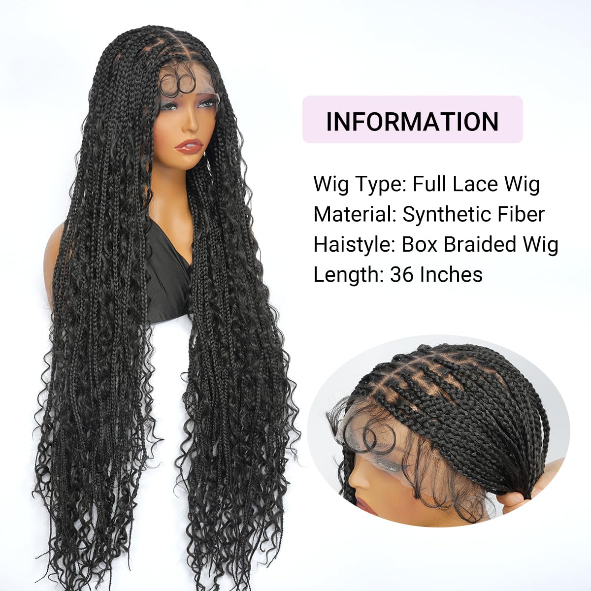 SUPERNOVA Knotless Boho Box Braided Wigs For Black Women 36inch Square Knotless Full Lace Box Braid Wig Goddess Braided Wig With Baby Hair Bohemian Curly Ends Synthetic Boho Braids Wig (36 Inch)