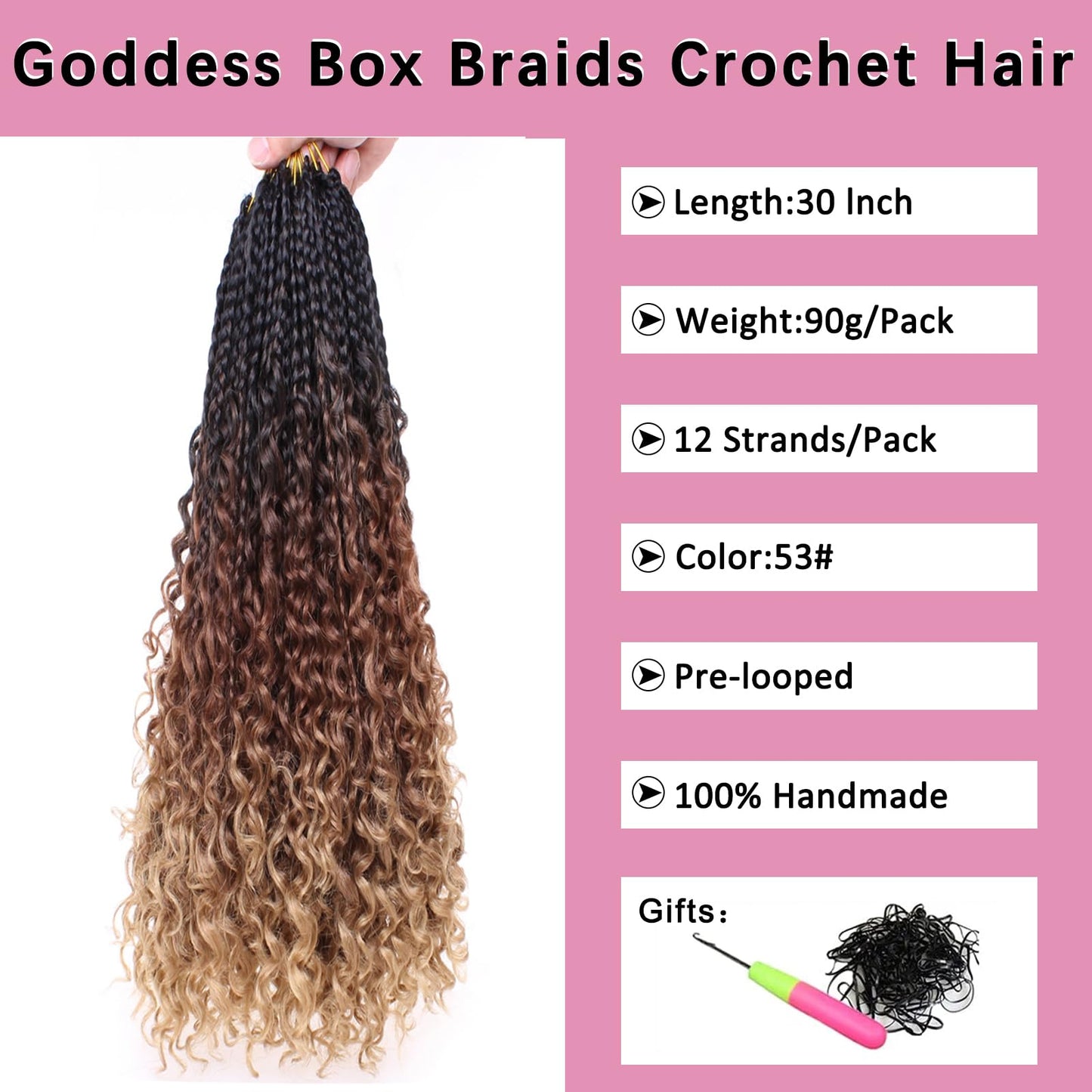 COOKOO 30 Inch Boho Box Braids 8 Packs Goddess Box Braids Crochet Hair Hippie Braiding Hair With Curly Ends Pre-looped Synthetic Crochet Hair for Black Women 53#