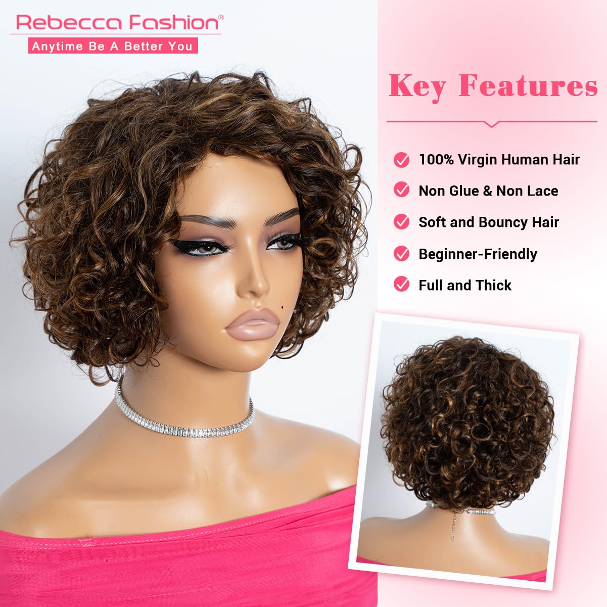 Rebecca Fashion Short Curly Human Hair Wigs for Black Women Side Part Cute Curly Bob Wig Brazilian Remy Non Lace Glueless Wigs Natural Looking Highlight Brown Blonde Color