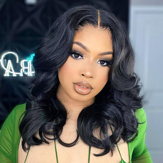 Hihmarm Body Wave Bob Wig Human Hair 13x6 HD Lace Front Wigs Human Hair Pre Plucked Glueless Frontal Wig Wear and Go Short Bob Wigs for Black Women 180 Density Natural Black 16 Inch