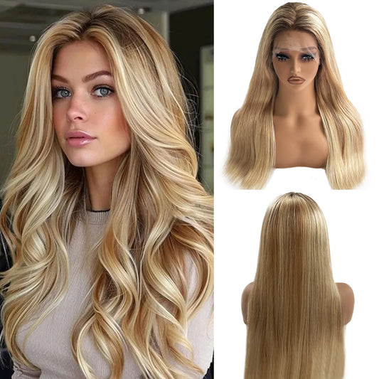 13x4 Straight Lace Front Wigs Human Hair for Women, 24 Inch Highlights Ombre Golden Brown Mixed 613 Blonde with Brown Roots HD Lace Frontal Wig Human Hair, Glueless Wig Pre Plucked Bleached Knots