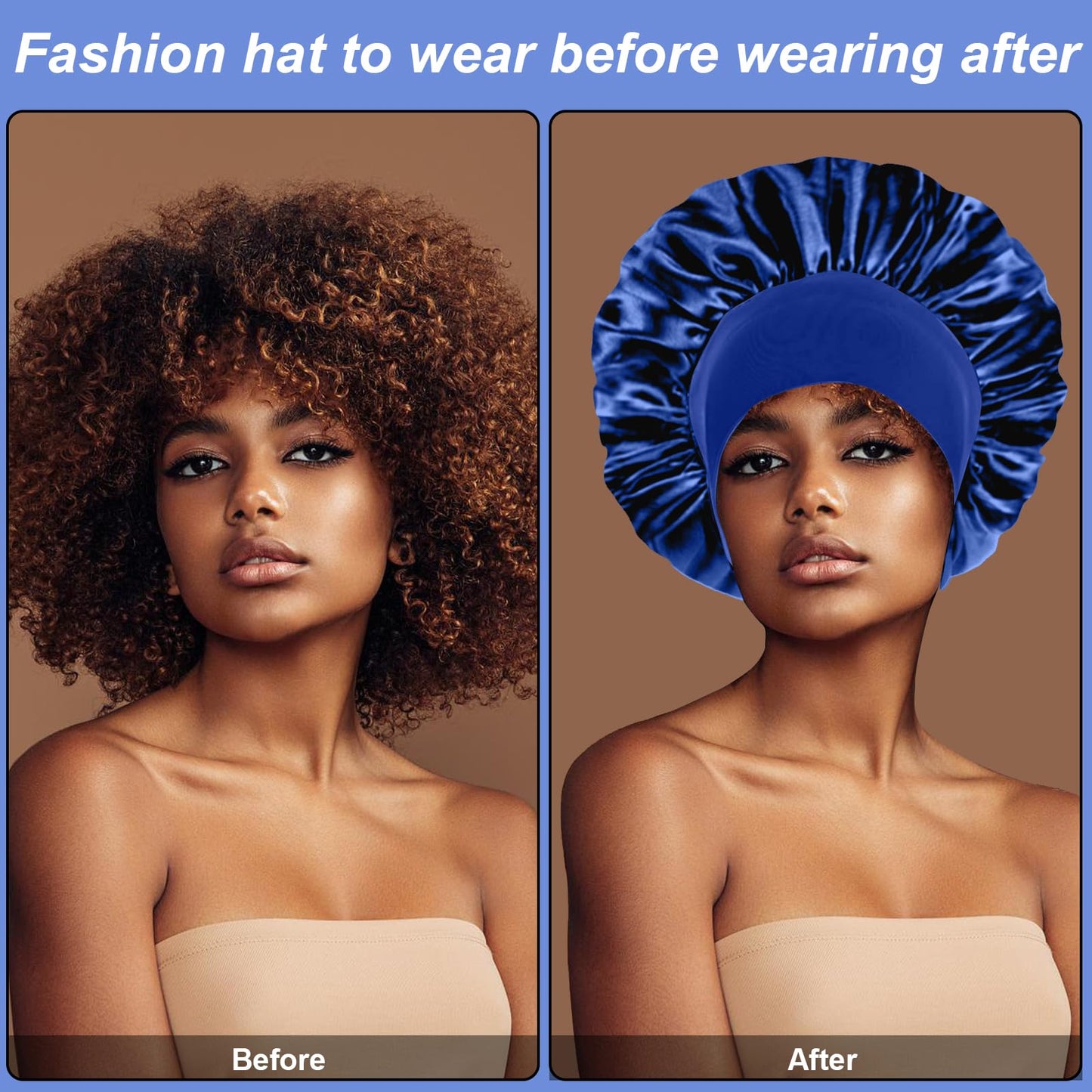 4PCS Silk Bonnet for Sleeping - Satin Hair Wrap Cap for Black Women Men, Curly Hair - Elastic Wide Band Shower Cap (Black, Sapphire Blue, Green, Purple)