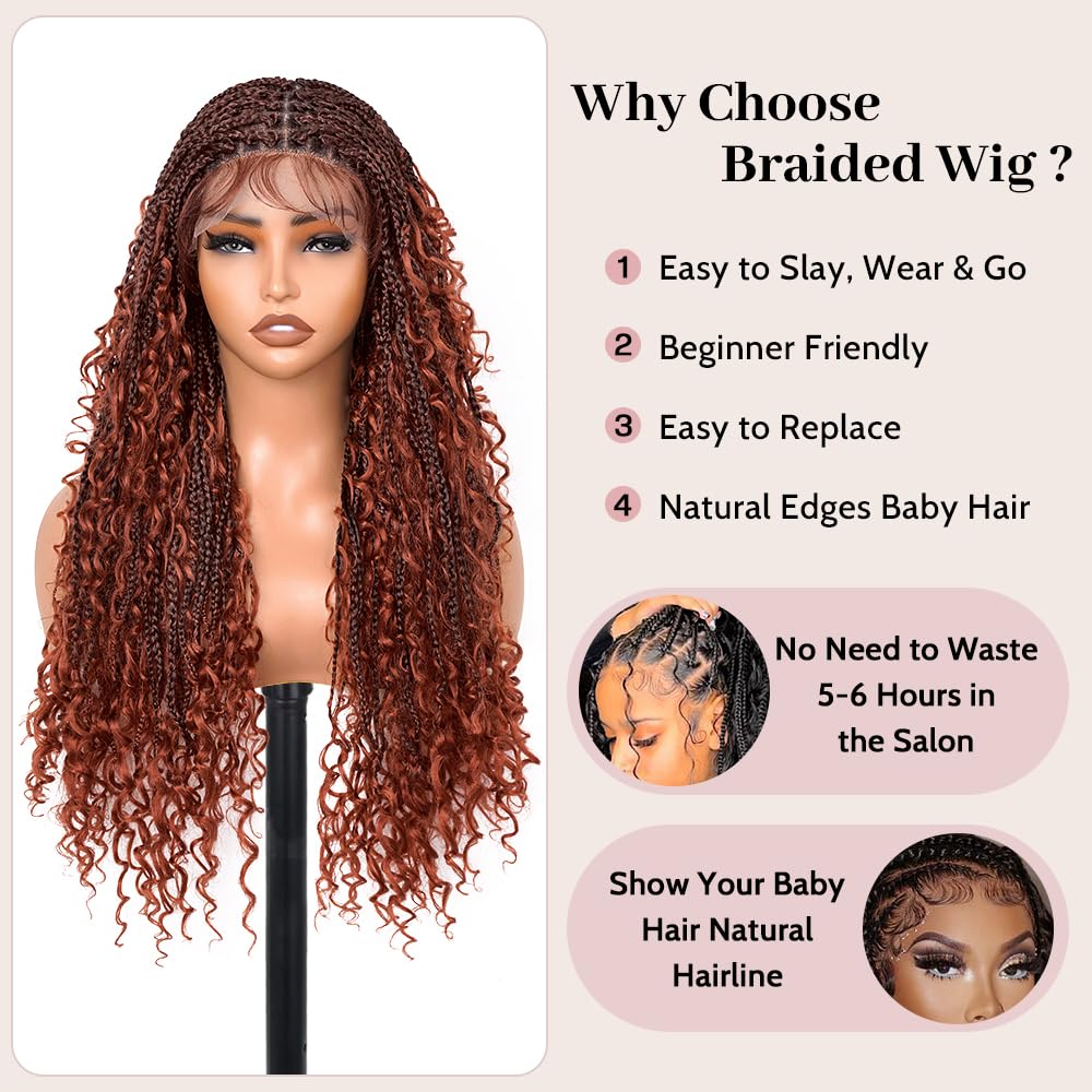 Suntefic Knotless Boho Box Braided Wigs for Black Women Glueless Double Full Lace Front Human Hair Blended Goddess Braid Wig with Baby Hair Bohemian Curly Ends (Boho Box-#1BT350, 28 Inch)